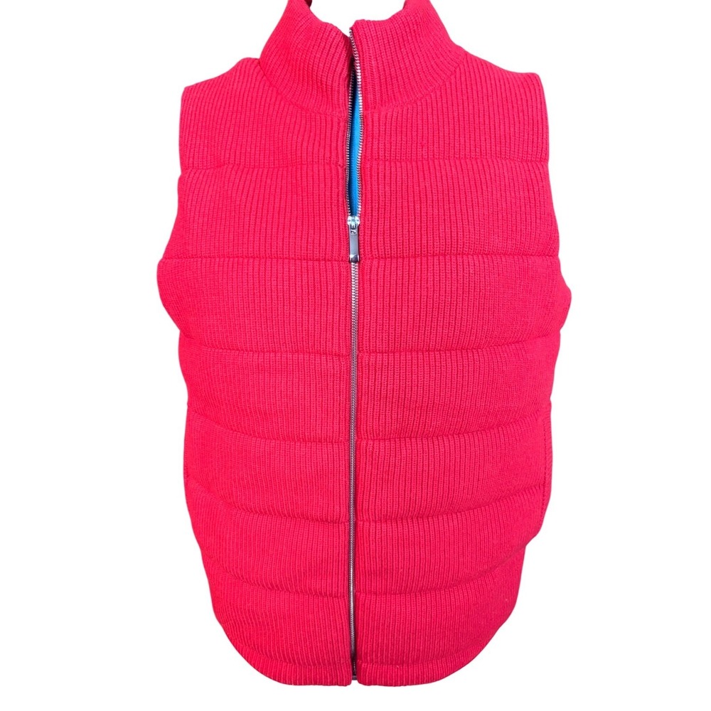 Chico's Red Ribbed Knit Cashmere Blend Puffer Vest Mock Neck Full Zip Size 2 L